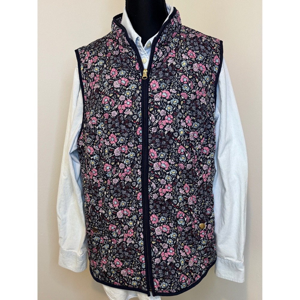 Croft & Barrow Womens (L) Navy Pink Floral Quilted Vest Zip Up Cinch Back